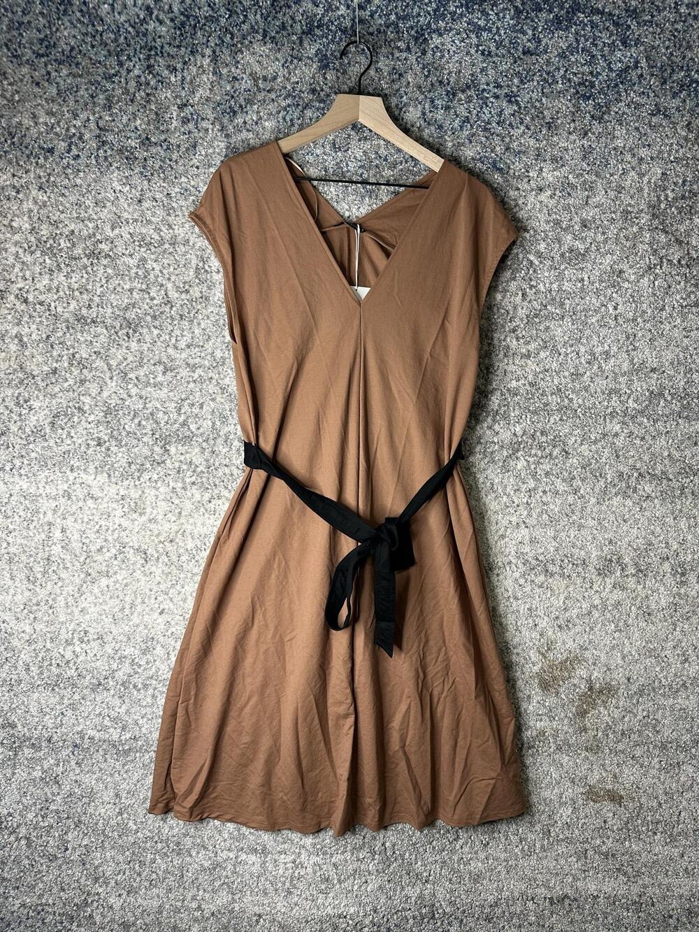 Zara Dress Womens Medium Brown Jersey V Neck Belted A Line Midi Cap Sleeve